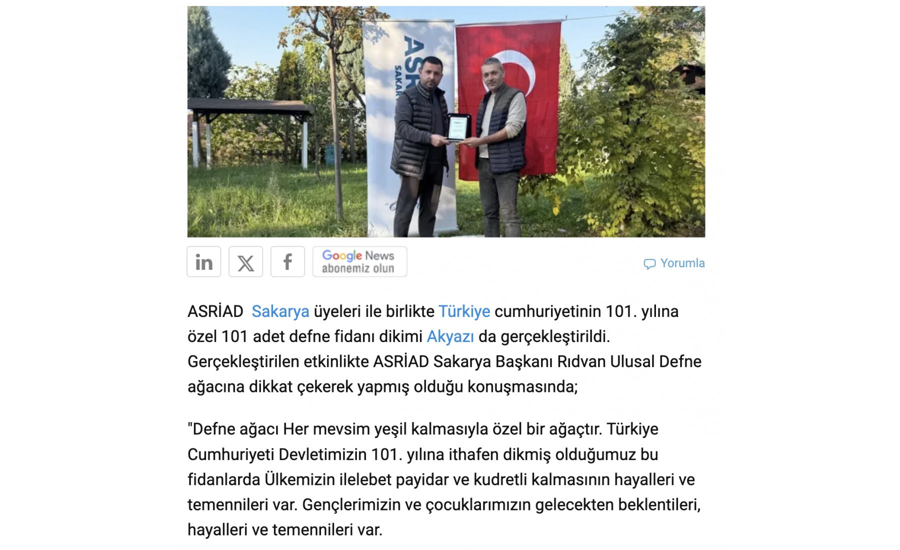 ASRİAD Sakarya, Cumhuriyet’in 101. yılına özel 101 fidan dikerek çevre bilincini artıran anlamlı bir sosyal sorumluluk projesi gerçekleştirdi.