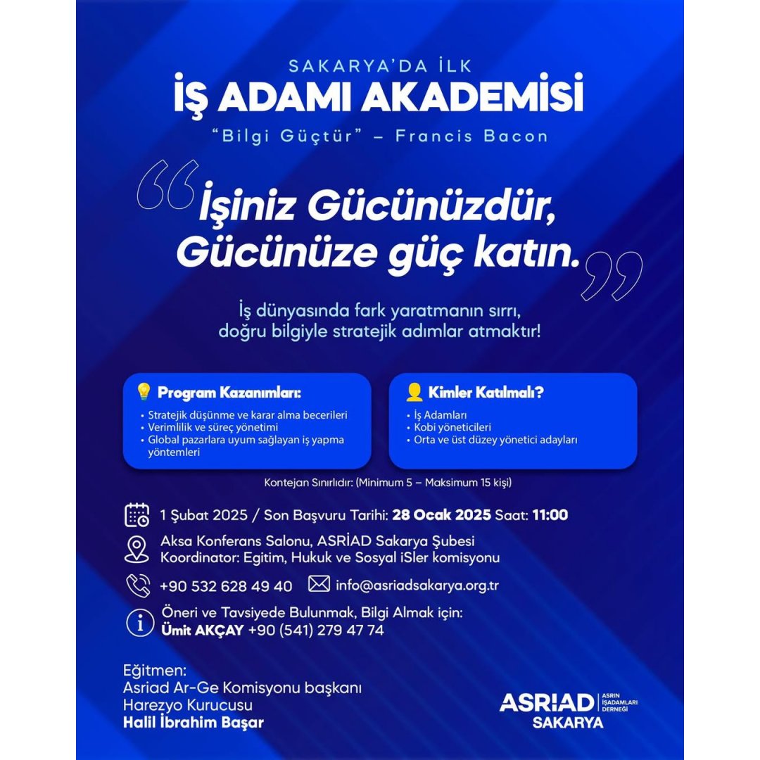 ASRİAD’ın İş Adamı Akademisi, girişimcilere ve iş dünyası liderlerine gelişim, eğitim ve networking fırsatları sunarak fark yaratmak isteyenlere güçlü bir 